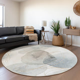 Homeroots 8' Round Ivory Blue And Gray Round Abstract Washable Non Skid Indoor Outdoor Area Rug Ivory Polyester 562115