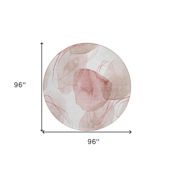 Homeroots 8' Round Merlot And Ivory Round Abstract Washable Non Skid Indoor Outdoor Area Rug Merlot Polyester 562124