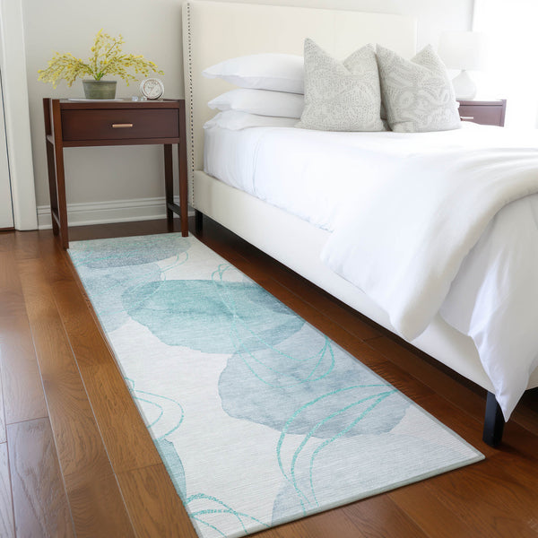 Homeroots 8' Runner Teal And Ivory Abstract Washable Non Skid Indoor Outdoor Runner Rug Teal Polyester 562129