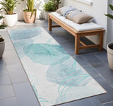 Homeroots 8' Runner Teal And Ivory Abstract Washable Non Skid Indoor Outdoor Runner Rug Teal Polyester 562129