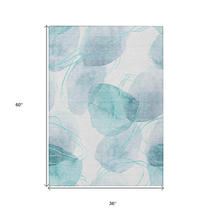 Homeroots 3' X 5' Teal And Ivory Abstract Washable Non Skid Indoor Outdoor Area Rug Teal Polyester 562131