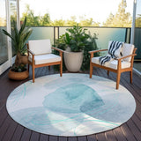 Homeroots 8' Round Teal And Ivory Round Abstract Washable Non Skid Indoor Outdoor Area Rug Teal Polyester 562133