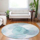 Homeroots 8' Round Teal And Ivory Round Abstract Washable Non Skid Indoor Outdoor Area Rug Teal Polyester 562133