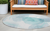 Homeroots 8' Round Teal And Ivory Round Abstract Washable Non Skid Indoor Outdoor Area Rug Teal Polyester 562133