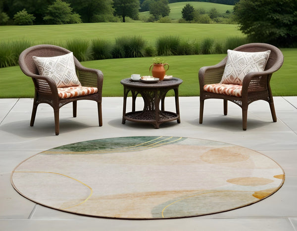 HomeRoots 5' Beige and Green Abstract Area Rug - Stylish, Durable, Washable Design for Indoor and Outdoor Use 8' Round 562142