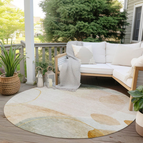 HomeRoots 5' Beige and Green Abstract Area Rug - Stylish, Durable, Washable Design for Indoor and Outdoor Use 8' Round 562142