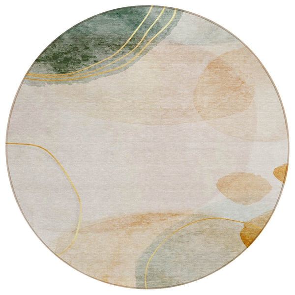HomeRoots 5' Beige and Green Abstract Area Rug - Stylish, Durable, Washable Design for Indoor and Outdoor Use 8' Round 562142