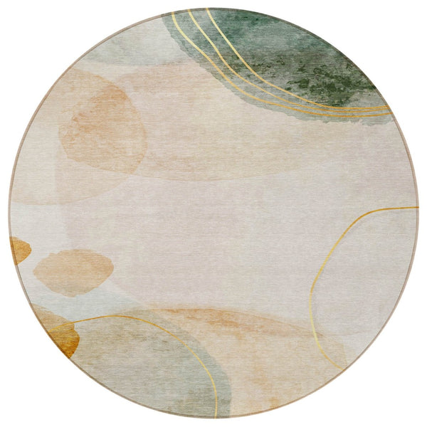 HomeRoots 5' Beige and Green Abstract Area Rug - Stylish, Durable, Washable Design for Indoor and Outdoor Use 8' Round 562142