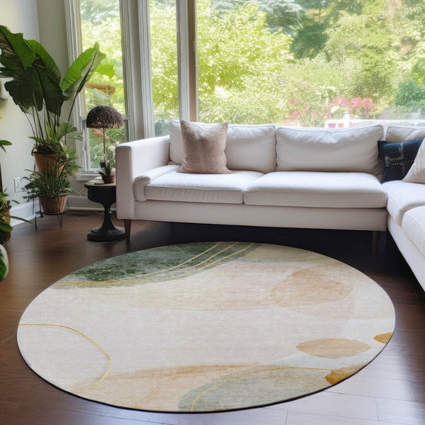 HomeRoots 5' Beige and Green Abstract Area Rug - Stylish, Durable, Washable Design for Indoor and Outdoor Use 8' Round 562142