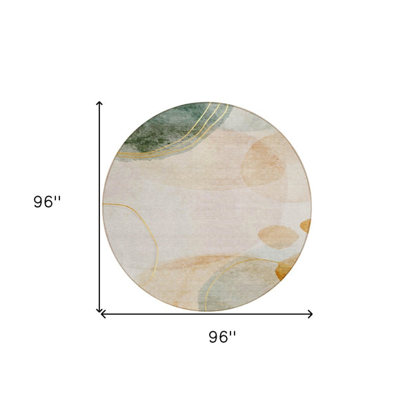 HomeRoots 5' Beige and Green Abstract Area Rug - Stylish, Durable, Washable Design for Indoor and Outdoor Use 8' Round 562142