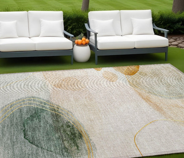 HomeRoots 5' Beige and Green Abstract Area Rug - Stylish, Durable, Washable Design for Indoor and Outdoor Use 10' X 14' 562145