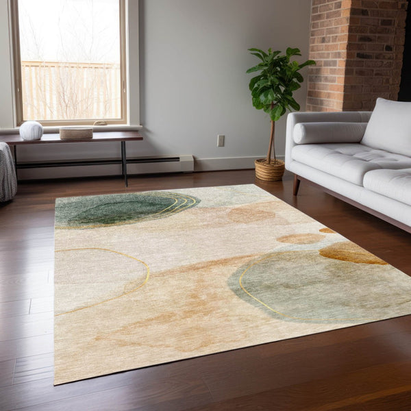 HomeRoots 5' Beige and Green Abstract Area Rug - Stylish, Durable, Washable Design for Indoor and Outdoor Use 10' X 14' 562145