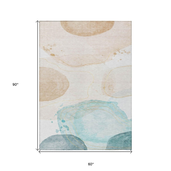 HomeRoots 5' Beige and Blue Abstract Area Rug – Stylish, Washable, Indoor-Outdoor Design for High-Traffic Spaces 5' X 8' 562159
