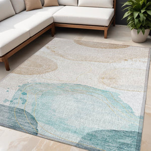 HomeRoots 5' Beige and Blue Abstract Area Rug – Stylish, Washable, Indoor-Outdoor Design for High-Traffic Spaces 5' X 8' 562159