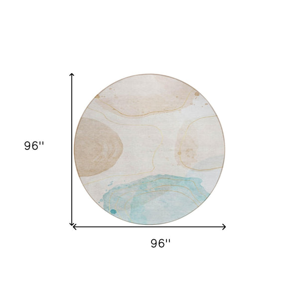 HomeRoots 5' Beige and Blue Abstract Area Rug – Stylish, Washable, Indoor-Outdoor Design for High-Traffic Spaces 8' Round 562160