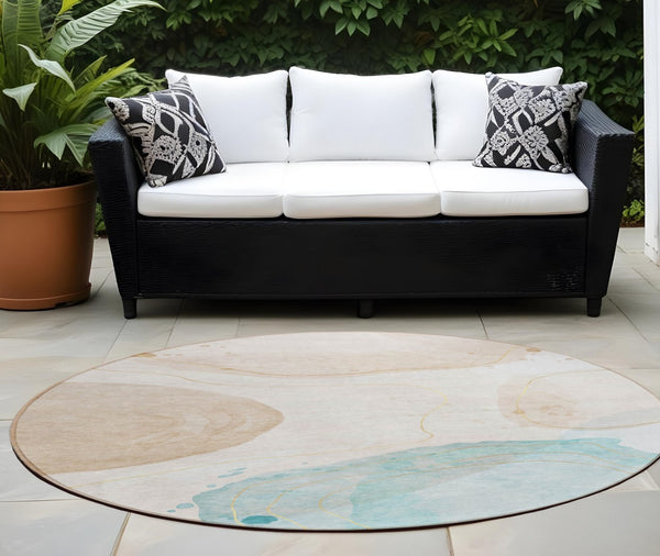 HomeRoots 5' Beige and Blue Abstract Area Rug – Stylish, Washable, Indoor-Outdoor Design for High-Traffic Spaces 8' Round 562160