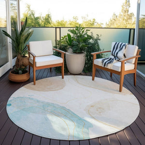 HomeRoots 5' Beige and Blue Abstract Area Rug – Stylish, Washable, Indoor-Outdoor Design for High-Traffic Spaces 8' Round 562160