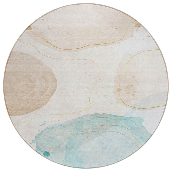 HomeRoots 5' Beige and Blue Abstract Area Rug – Stylish, Washable, Indoor-Outdoor Design for High-Traffic Spaces 8' Round 562160