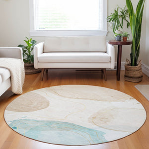 HomeRoots 5' Beige and Blue Abstract Area Rug – Stylish, Washable, Indoor-Outdoor Design for High-Traffic Spaces 8' Round 562160