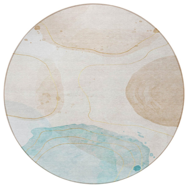 HomeRoots 5' Beige and Blue Abstract Area Rug – Stylish, Washable, Indoor-Outdoor Design for High-Traffic Spaces 8' Round 562160