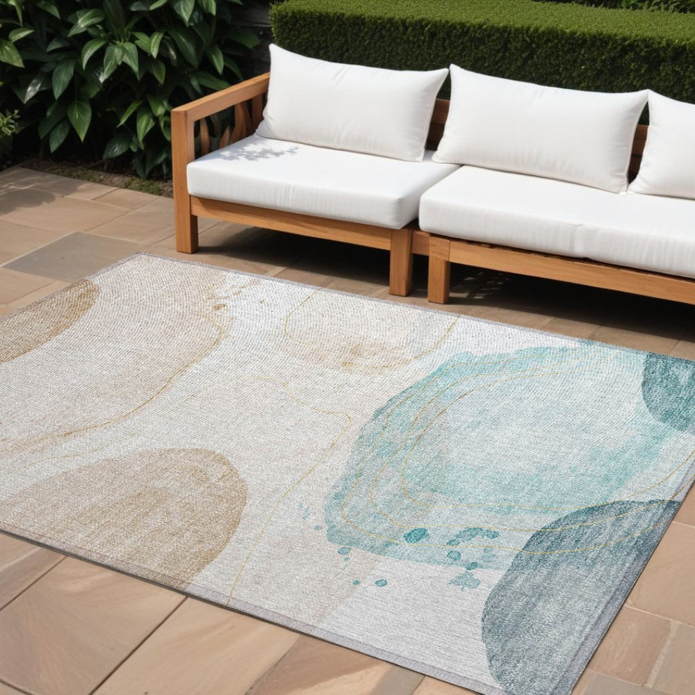 HomeRoots 5' Beige and Blue Abstract Area Rug – Stylish, Washable, Indoor-Outdoor Design for High-Traffic Spaces 8' X 10' 562161