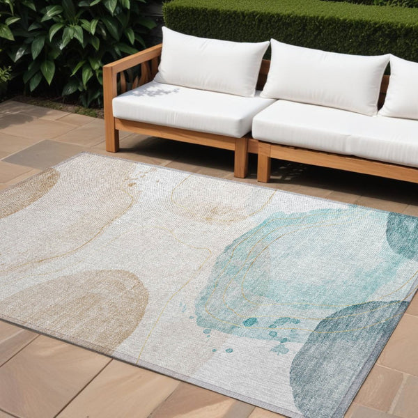 HomeRoots 5' Beige and Blue Abstract Area Rug – Stylish, Washable, Indoor-Outdoor Design for High-Traffic Spaces 8' X 10' 562161
