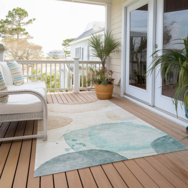 HomeRoots 5' Beige and Blue Abstract Area Rug – Stylish, Washable, Indoor-Outdoor Design for High-Traffic Spaces 10' X 14' 562163