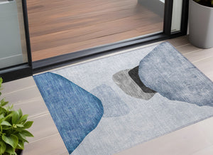 Homeroots 3' X 5' Blue Gray And Black Abstract Washable Non Skid Indoor Outdoor Area Rug Blue Polyester 562167