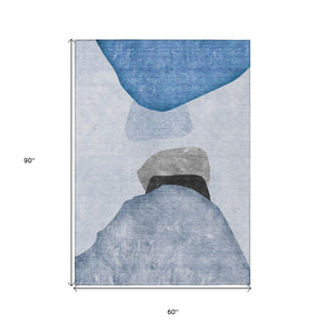 Homeroots 5' X 8' Blue Gray And Black Abstract Washable Non Skid Indoor Outdoor Area Rug Blue Polyester 562168