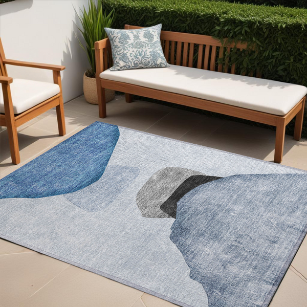 Homeroots 5' X 8' Blue Gray And Black Abstract Washable Non Skid Indoor Outdoor Area Rug Blue Polyester 562168