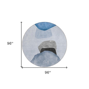 Homeroots 8' Round Blue Gray And Black Round Abstract Washable Non Skid Indoor Outdoor Area Rug Blue Polyester 562169