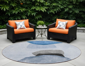 Homeroots 8' Round Blue Gray And Black Round Abstract Washable Non Skid Indoor Outdoor Area Rug Blue Polyester 562169