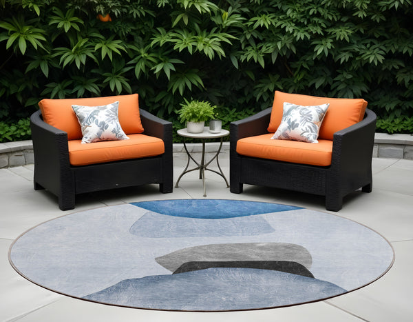 Homeroots 8' Round Blue Gray And Black Round Abstract Washable Non Skid Indoor Outdoor Area Rug Blue Polyester 562169