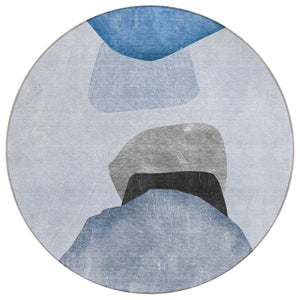 Homeroots 8' Round Blue Gray And Black Round Abstract Washable Non Skid Indoor Outdoor Area Rug Blue Polyester 562169