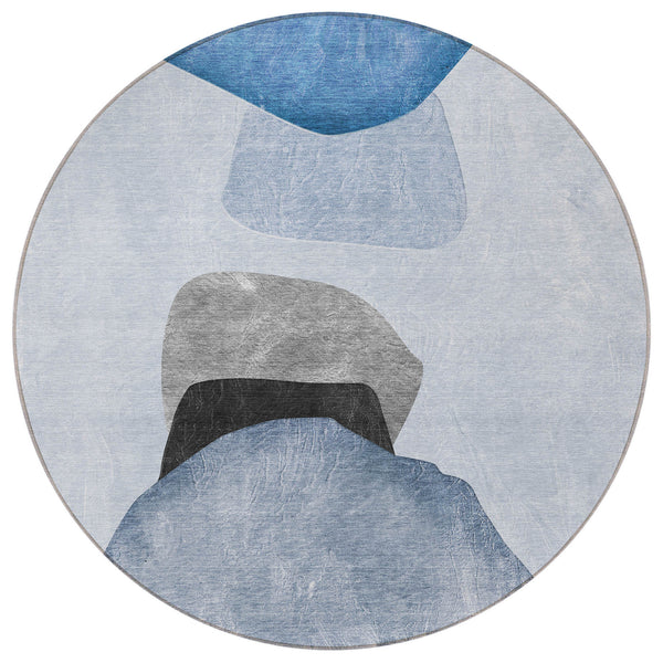 Homeroots 8' Round Blue Gray And Black Round Abstract Washable Non Skid Indoor Outdoor Area Rug Blue Polyester 562169