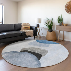 Homeroots 8' Round Blue Gray And Black Round Abstract Washable Non Skid Indoor Outdoor Area Rug Blue Polyester 562169