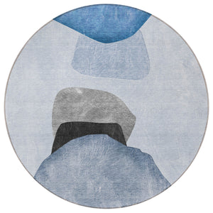 Homeroots 8' Round Blue Gray And Black Round Abstract Washable Non Skid Indoor Outdoor Area Rug Blue Polyester 562169