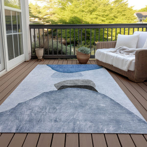 Homeroots 8' X 10' Blue Gray And Black Abstract Washable Non Skid Indoor Outdoor Area Rug Blue Polyester 562170