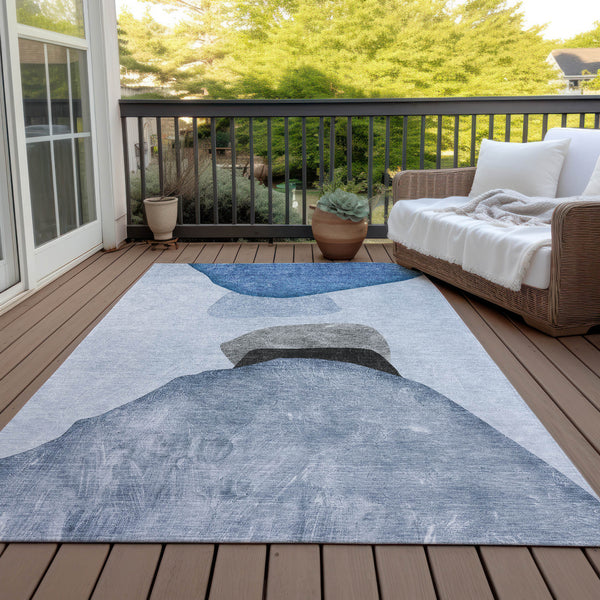 Homeroots 8' X 10' Blue Gray And Black Abstract Washable Non Skid Indoor Outdoor Area Rug Blue Polyester 562170