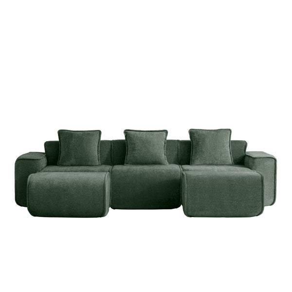 English Elm Streamlined Velvet U-shape Modular Sectional Sofa with Ottomans French Piping Cloud Foam Green W3041S00367