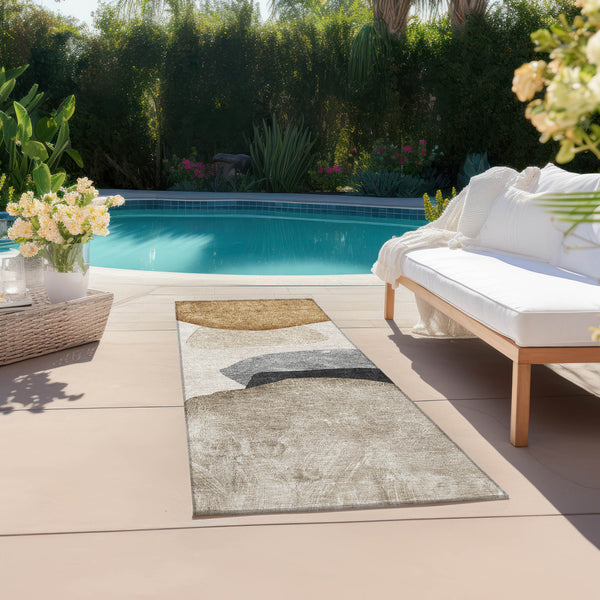 Homeroots 8' Runner Tan Brown And Gray Abstract Washable Non Skid Indoor Outdoor Runner Rug Brown Polyester 562174