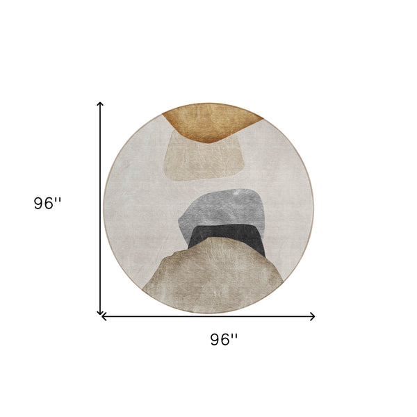 Homeroots 8' Round Tan Brown And Gray Round Abstract Washable Non Skid Indoor Outdoor Area Rug Brown Polyester 562178