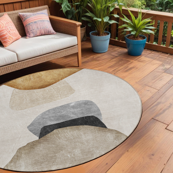 Homeroots 8' Round Tan Brown And Gray Round Abstract Washable Non Skid Indoor Outdoor Area Rug Brown Polyester 562178