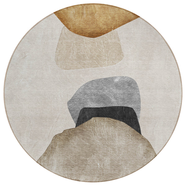 Homeroots 8' Round Tan Brown And Gray Round Abstract Washable Non Skid Indoor Outdoor Area Rug Brown Polyester 562178