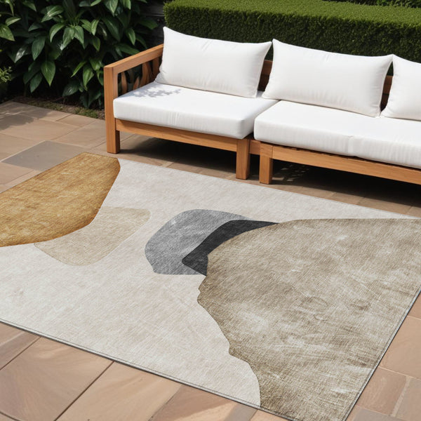 Homeroots 8' X 10' Tan Brown And Gray Abstract Washable Non Skid Indoor Outdoor Area Rug Brown Polyester 562179