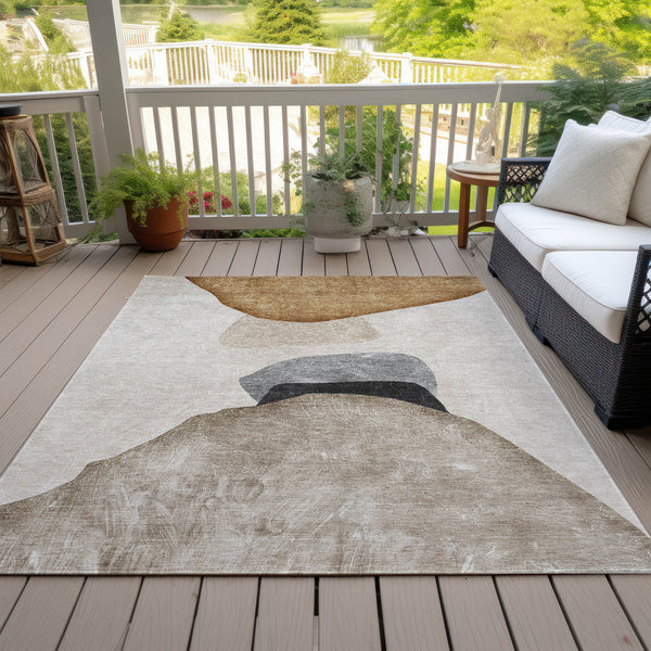 Homeroots 9' X 12' Tan Brown And Gray Abstract Washable Non Skid Indoor Outdoor Area Rug Brown Polyester 562180