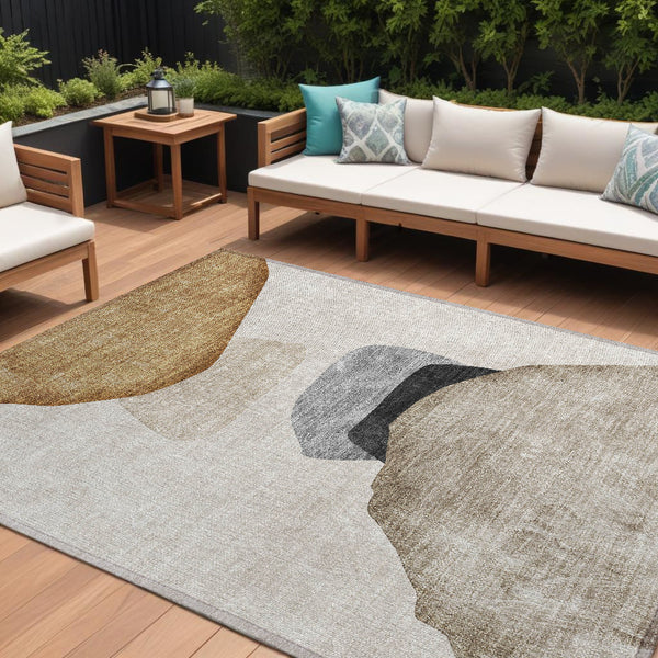 Homeroots 10' X 14' Tan Brown And Gray Abstract Washable Non Skid Indoor Outdoor Area Rug Brown Polyester 562181