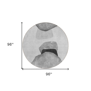 Homeroots 8' Round Gray And Black Round Abstract Washable Non Skid Indoor Outdoor Area Rug Gray Polyester 562187