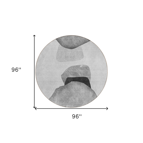 Homeroots 8' Round Gray And Black Round Abstract Washable Non Skid Indoor Outdoor Area Rug Gray Polyester 562187