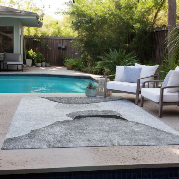 Homeroots 9' X 12' Gray And Black Abstract Washable Non Skid Indoor Outdoor Area Rug Gray Polyester 562189